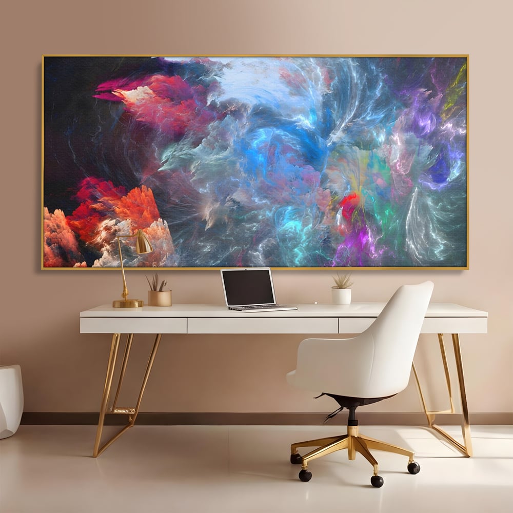 Tablou canvas cu tablou canvas cu explozie cosmica, in rama de aluminiu auriu, pe perete intr-un birou